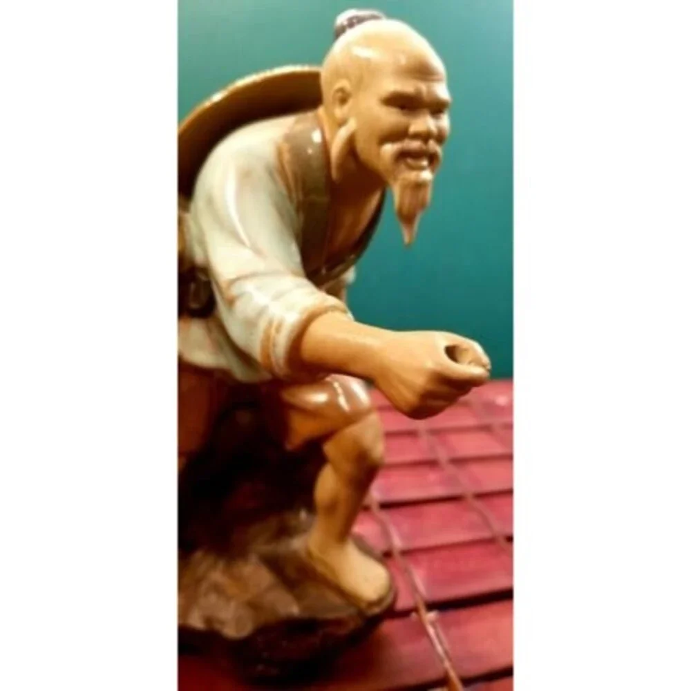 Vintage Chinese Mudman Fisherman Clay Figurine Sitting On Rock No Pole Excellent